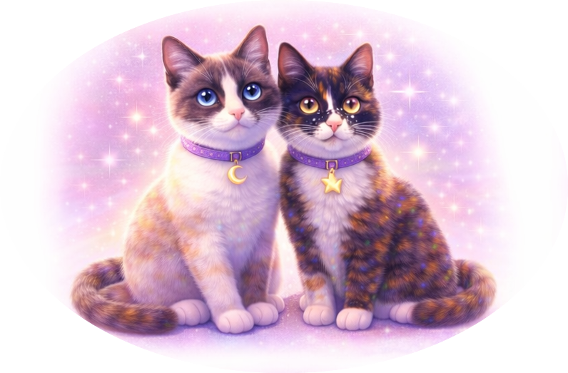 Luna and Pixie, the Neon Dream Shop mascots